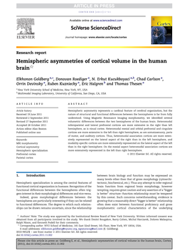 Hemispheric Asymmetries of Cortical Volume in the Human Brain, Cortex (2011), Doi:10.1016/J.Cortex.2011.11.002 2 Cortex Xxx (2011) 1E11