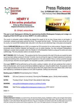 Henry V Live and Online for Shakespeare's Birthday