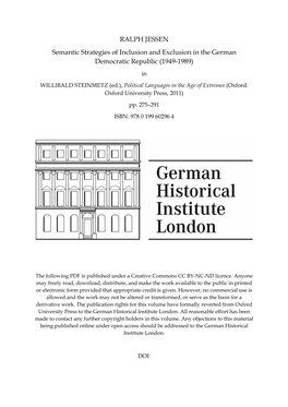 RALPH JESSEN Semantic Strategies of Inclusion and Exclusion in the German Democratic Republic (1949-1989)