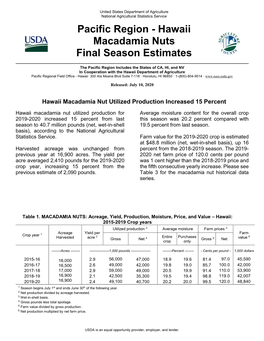 Hawaii Macadamia Nuts Final Season Estimates