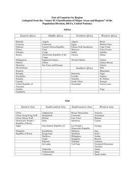 List of Countries by Region (Adopted from the “Annex II: Classification of Major Areas and Regions” of the Population Division, DESA, United Nations)