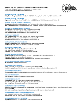 COMMERCIAL RADIO AWARDS (Acras) Please Note: Category Finalists Are Denoted with the Following Letters: Country>Provincial>Non-Metropolitan>Metropolitan