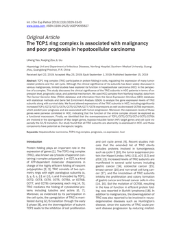 Original Article the TCP1 Ring Complex Is Associated with Malignancy and Poor Prognosis in Hepatocellular Carcinoma