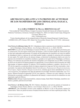 Abundancia Relativa Y Patrones De Actividad De Los Mamíferos De Los Chimalapas, Oaxaca, México