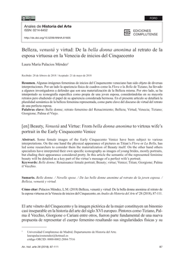 Belleza, Venustà Y Virtud: De La Bella Donna Anonima Al Retrato De La Esposa Virtuosa En La Venecia De Inicios Del Cinquecento