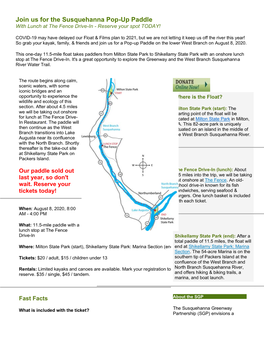 Join Us for the Susquehanna Pop-Up Paddle with Lunch at the Fence Drive-In - Reserve Your Spot TODAY!