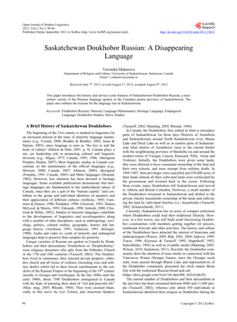 Saskatchewan Doukhobor Russian: a Disappearing Language