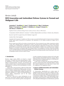 Review Article ROS Generation and Antioxidant Defense Systems in Normal and Malignant Cells