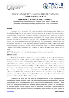 Ground Water Quality Analysis of Hirehalla Watershed, Karnataka, India Using Gis