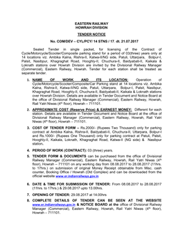 EASTERN RAILWAY HOWRAH DIVISION TENDER NOTICE No