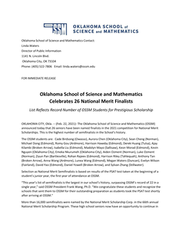 Oklahoma School of Science and Mathematics Celebrates 26 National Merit Finalists List Reflects Record Number of OSSM Students for Prestigious Scholarship