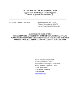 IN the MICHIGAN SUPREME COURT Appeal from the Michigan Court of Appeals Owens, PJ, Jansen and O’Connell, JJ