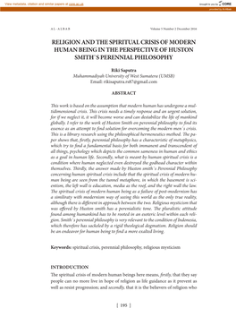 Religion and the Spiritual Crisis of Modern Human Being in the Perspective of Huston Smith`S Perennial Philosophy