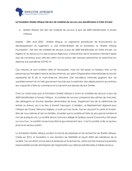 La Fondation Shelter Afrique Fait Don De Matériel De Secours Aux Bénéficiaires À Côte D'ivoire