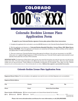 Colorado Rockies License Plate Application Form