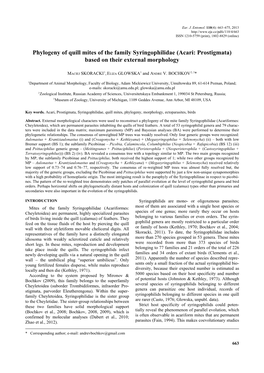 Phylogeny of Quill Mites of the Family Syringophilidae (Acari: Prostigmata) Based on Their External Morphology