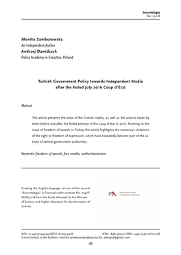 Turkish Government Policy Towards Independent Media After the Failed July 2016 Coup D'état
