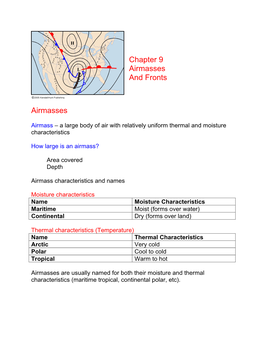 Chapter 9 Airmasses and Fronts Airmasses