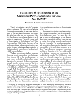 Statement to the Membership of the Communist Party of America by the CEC, April 24, 1922.†