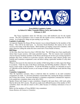 Texas BOMA Legislative Update by Robert D. Miller, Yuniedth Midence Steen, and Gardner Pate February 4, 2013