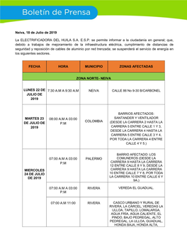 Neiva, 18 De Julio De 2019 La ELECTRIFICADORA