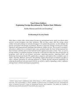 Non-Citizen Soldiers: Explaining Foreign Recruitment by Modern State Militaries Kolby Hanson and Erik Lin-Greenberg1