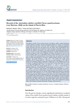 Records of the Australian Redclaw Crayfish Cherax Quadricarinatus (Von Martens, 1868) on the Island of Puerto Rico