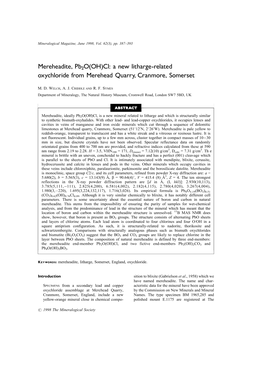 Mereheadite, Pb2o(OH)Cl: a New Litharge-Related Oxychloride from Merehead Quarry, Cranmore, Somerset