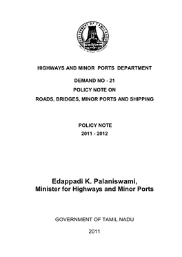 Edappadi K. Palaniswami, Minister for Highways and Minor Ports