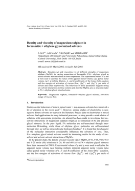 Density and Viscosity of Magnesium Sulphate in Formamide + Ethylene Glycol Mixed Solvents