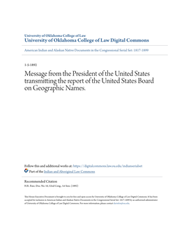 Message from the President of the United States Transmitting the Report of the United States Board on Geographic Names