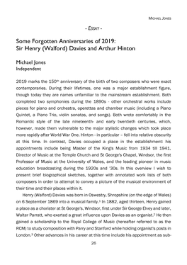 Michael Jones – 'Some Forgotten Anniversaries of 2019: Sir Henry (Walford) Davies and Arthur Hinton'