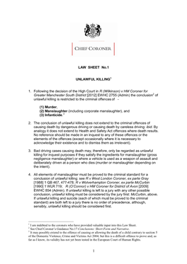 LAW SHEET No.1 UNLAWFUL KILLING1 1. Following the Decision