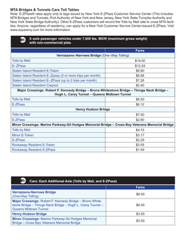 MTA Bridges & Tunnels Cars Toll Tables