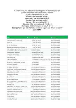 A Continuación, Les Detallamos El Cronograma De Atención Para Que Puedan Compartirlo Con Sus Usuarios Y Clientes: Lunes – DN