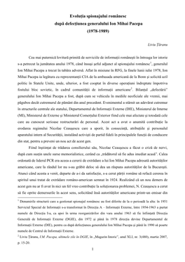 Evoluţia Spionajului Românesc După Defecţiunea Generalului Ion Mihai Pacepa (1978-1989)