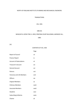 North of England Institute of Mining and Mechanical Engineers. Transactions. Vol. Xxxi. 1881-82. Newcastle-Upon-Tyne: A. Reid, P