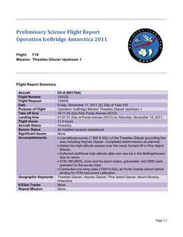 Preliminary Science Flight Report Operation Icebridge Antarctica 2011