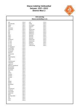 Klasse Indeling Veldvoetbal Seizoen: 2021-2022 District West 2