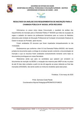 Governo Do Estado Do Ceará Secretaria Da Ciência, Tecnologia E Educação Superior - Secitece Universidade Estadual Do Ceará – Uece