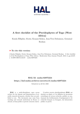 A First Checklist of the Pteridophytes of Togo (West Africa) Komla Elikplim Abotsi, Kouami Kokou, Jean-Yves Dubuisson, Germinal Rouhan