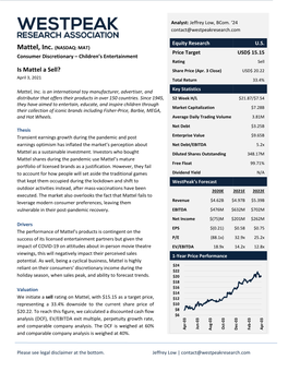 Mattel, Inc. (NASDAQ: MAT) Price Target USD$ 15.15 Consumer Discretionary – Children’S Entertainment Rating Sell Is Mattel a Sell? Share Price (Apr