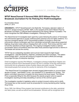 WTVF Newschannel 5 Honored with 2015 Hillman Prize for Broadcast Journalism for Its Policing for Profit Investigation