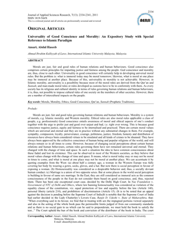 ORIGINAL ARTICLES Universality of Good Conscience and Morality: an Expository Study with Special Reference to Islamic Paradigm