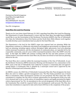 Chairperson David Livingstone March 29, 2021 Giant Mine Oversight Board PO BOX 1602 YELLOWKNIFE NT X1A 2P2 Livingstone21@Hotmail.Com