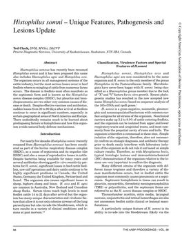 Histophilus Somni Unique Features, Pathogenesis and Lesions Update