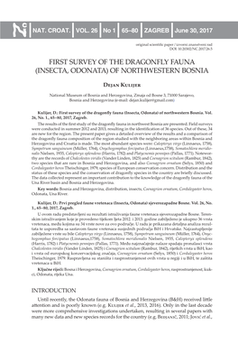 First Survey of the Dragonfly Fauna (Insecta, Odonata) of Northwestern Bosnia