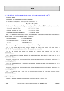 Loi N° 2019-78 Du 23 Décembre 2019, Portant Loi De Finances Pour L’Année 2020(1)