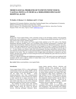 Medico-Social Problems of Patients with Vesico- Vaginal Fistula in Murtala Mohammed Specialist Hospital, Kano