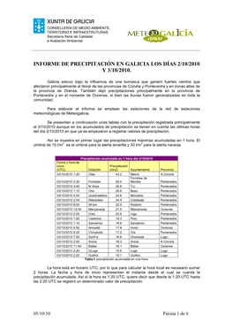 Informe De Precipitación En Galicia Los Días 2/10/2010 Y 3/10/2010